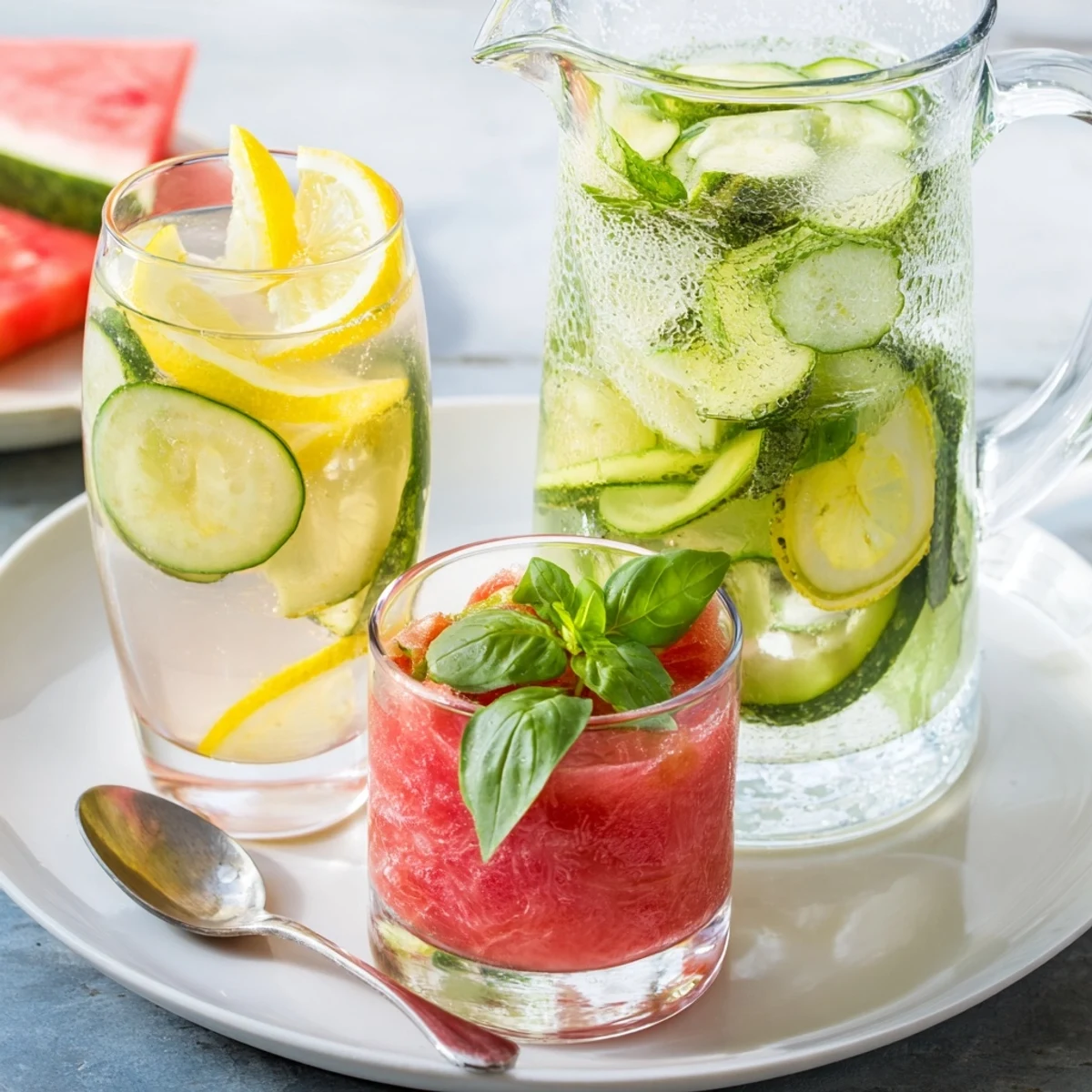 Iced Summer Detox Drinks in a pitcher with lemon, cucumber, and mint.