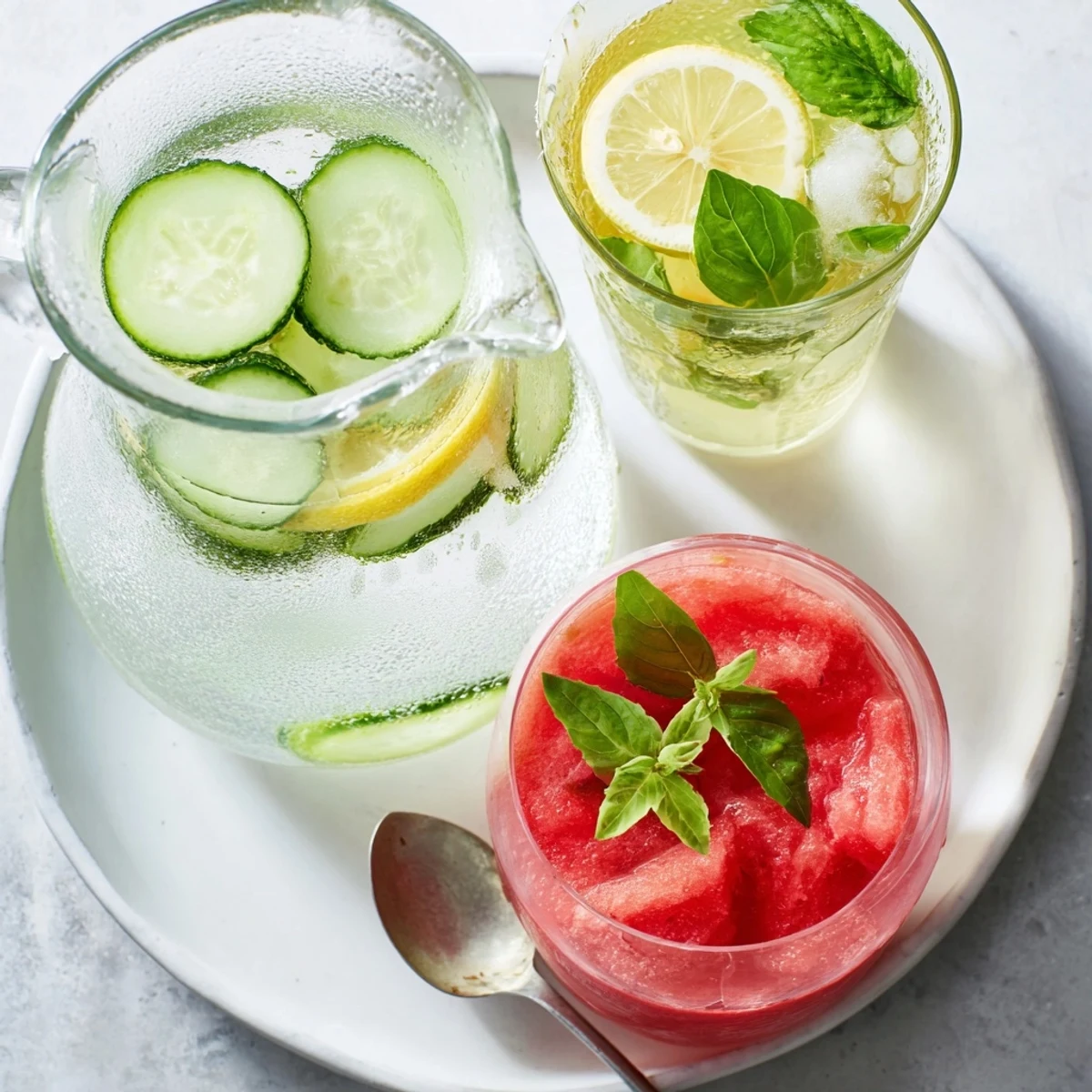 Three vibrant Summer Detox Drinks on a tray, watermelon, basil, and lime.