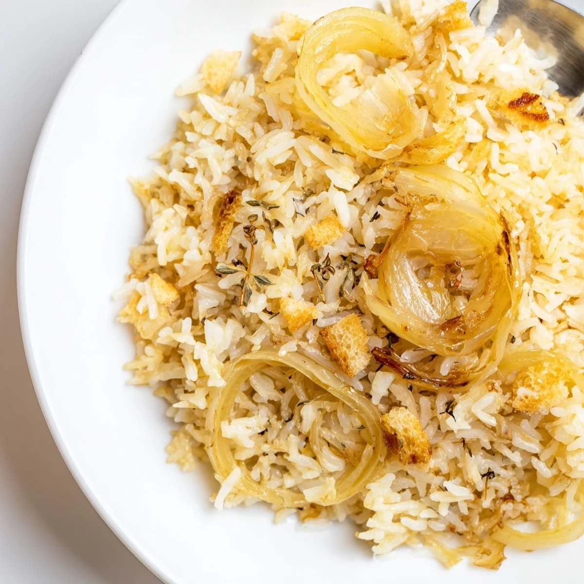Creamy French Onion Soup Rice topped with toasted croutons and fragrant thyme