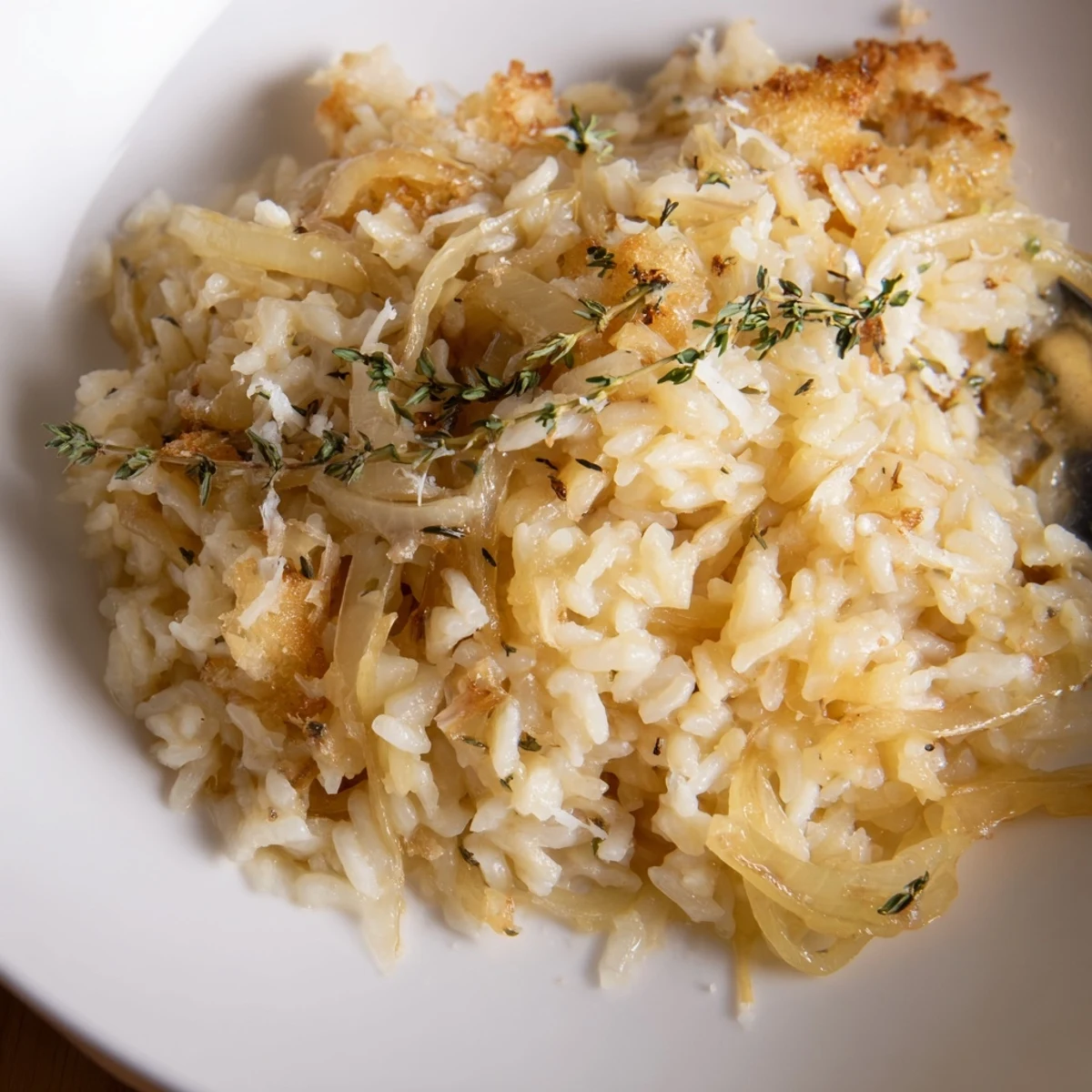 Oven-baked French Onion Soup Rice with golden-brown cheese, savory broth aroma