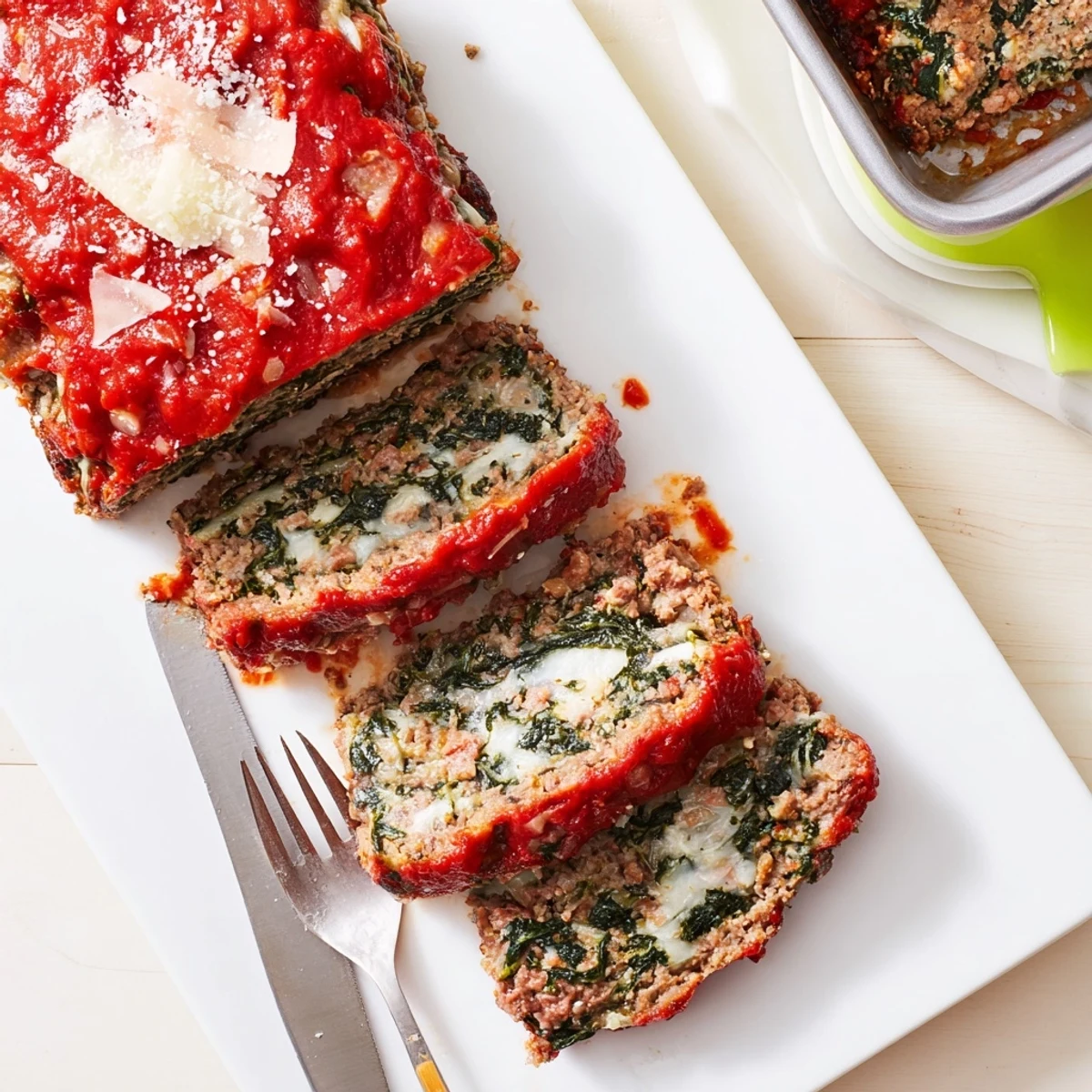 Savory Italian spinach mozzarella meatloaf topped with marinara sauce and fresh basil garnish