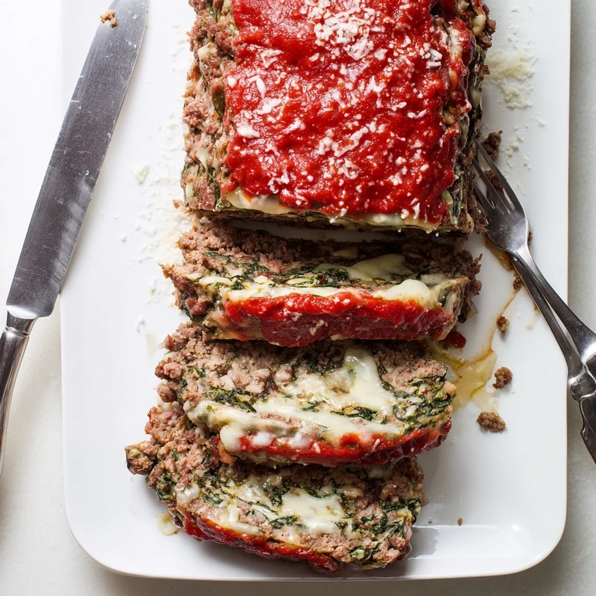 Juicy ground beef meatloaf baked to perfection with spinach and cheese filling