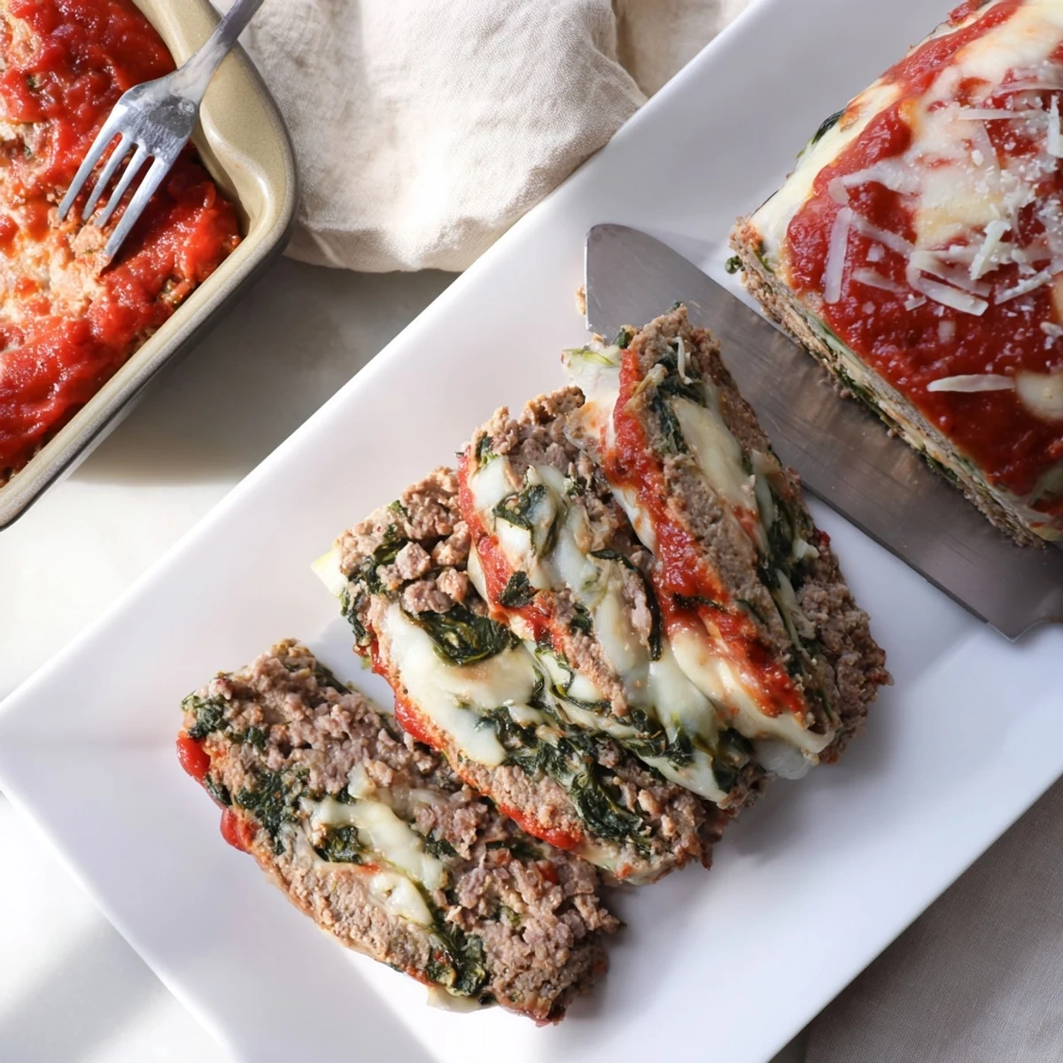 Golden brown meatloaf slices revealing melted mozzarella and green spinach throughout