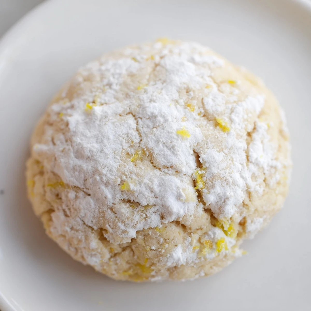 Soft chewy lemon pixie cookies dusted with white powdered sugar on a white plate