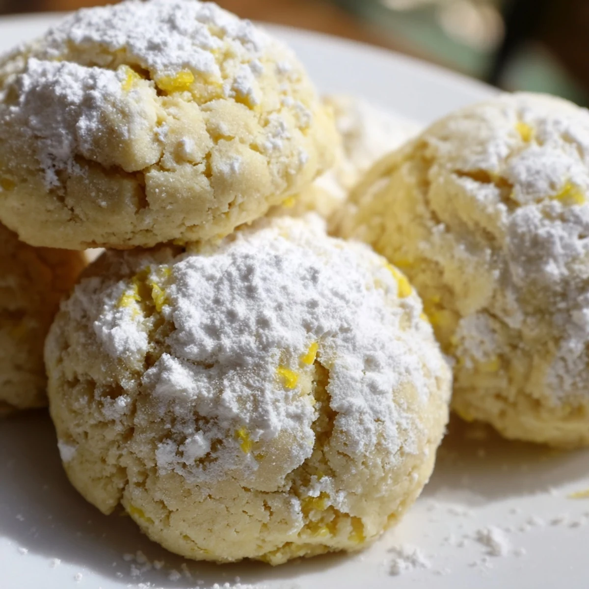 Batch of tangy lemon pixie cookies stacked high with snowy sugar dusting