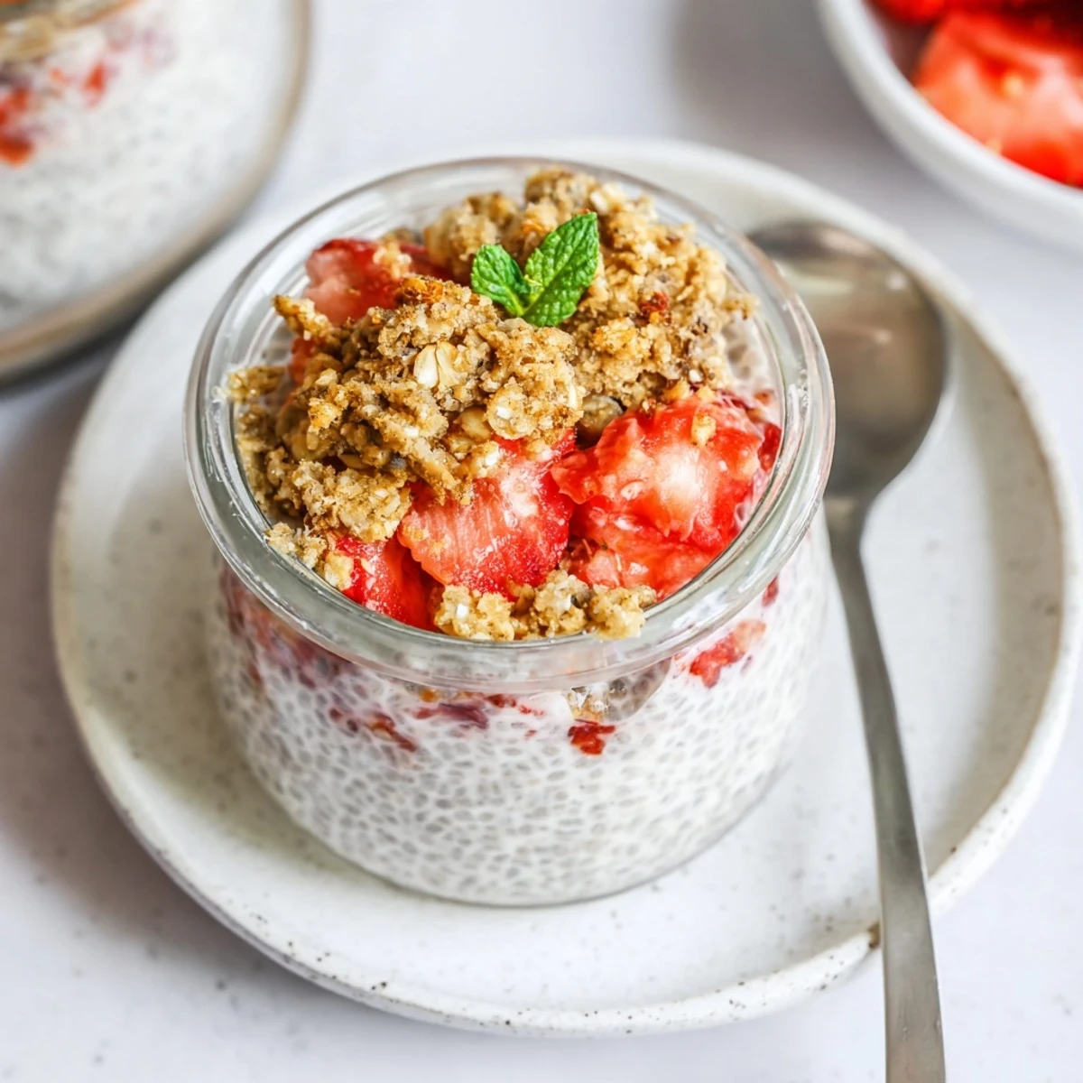 Strawberry Crumble Chia Pudding layered in jar, creamy seeds, bright berries