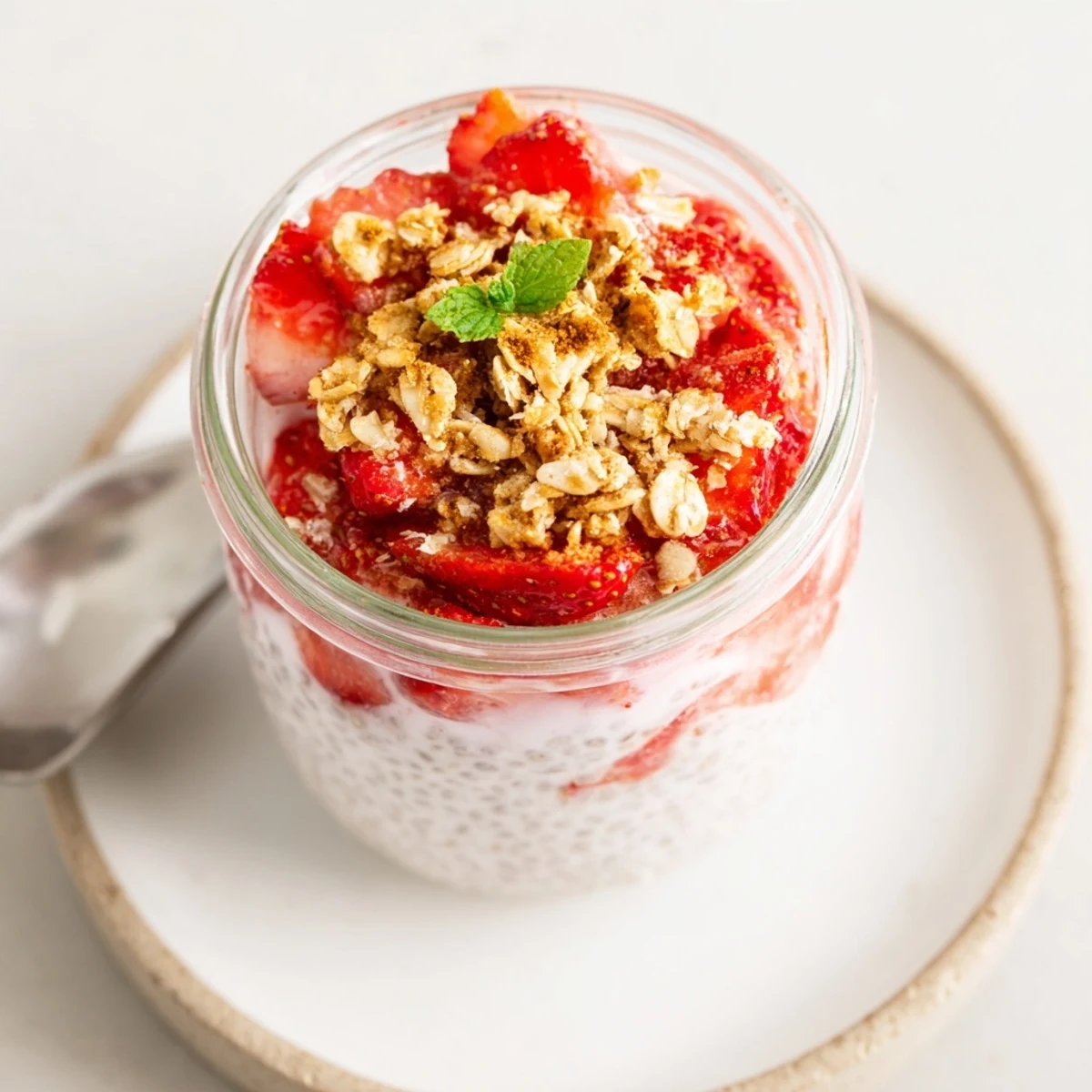 Chilled Strawberry Crumble Chia Pudding topped with crunchy oat crumble and mint