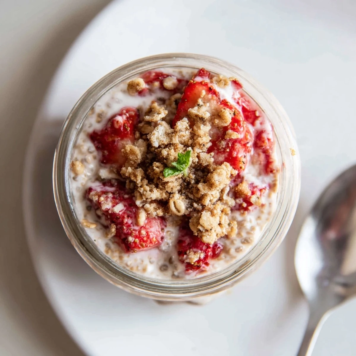 Velvety Strawberry Crumble Chia Pudding nestled in glass, tangy strawberry layer visible