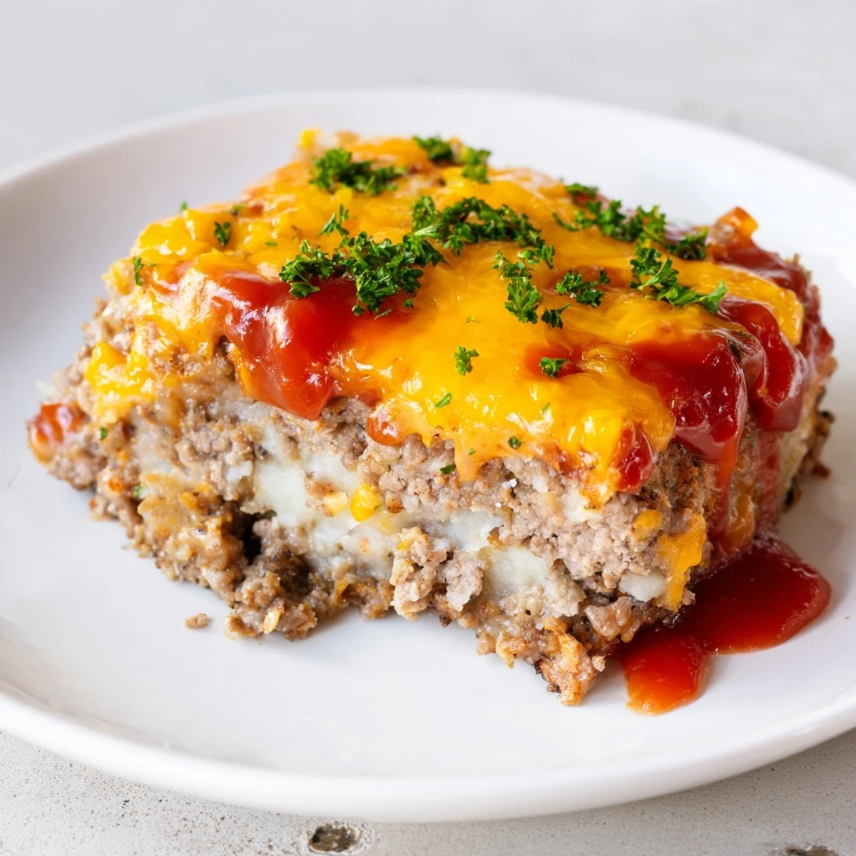 Meatloaf Casserole bubbling with golden cheddar, creamy mashed potato topping, warm