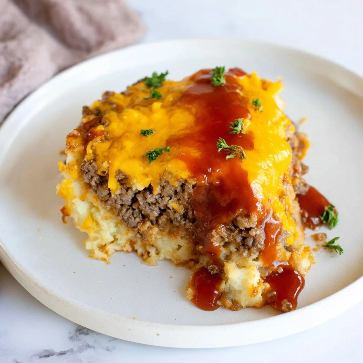 Hearty Meatloaf Casserole sliced on a plate, savory ketchup glaze visible