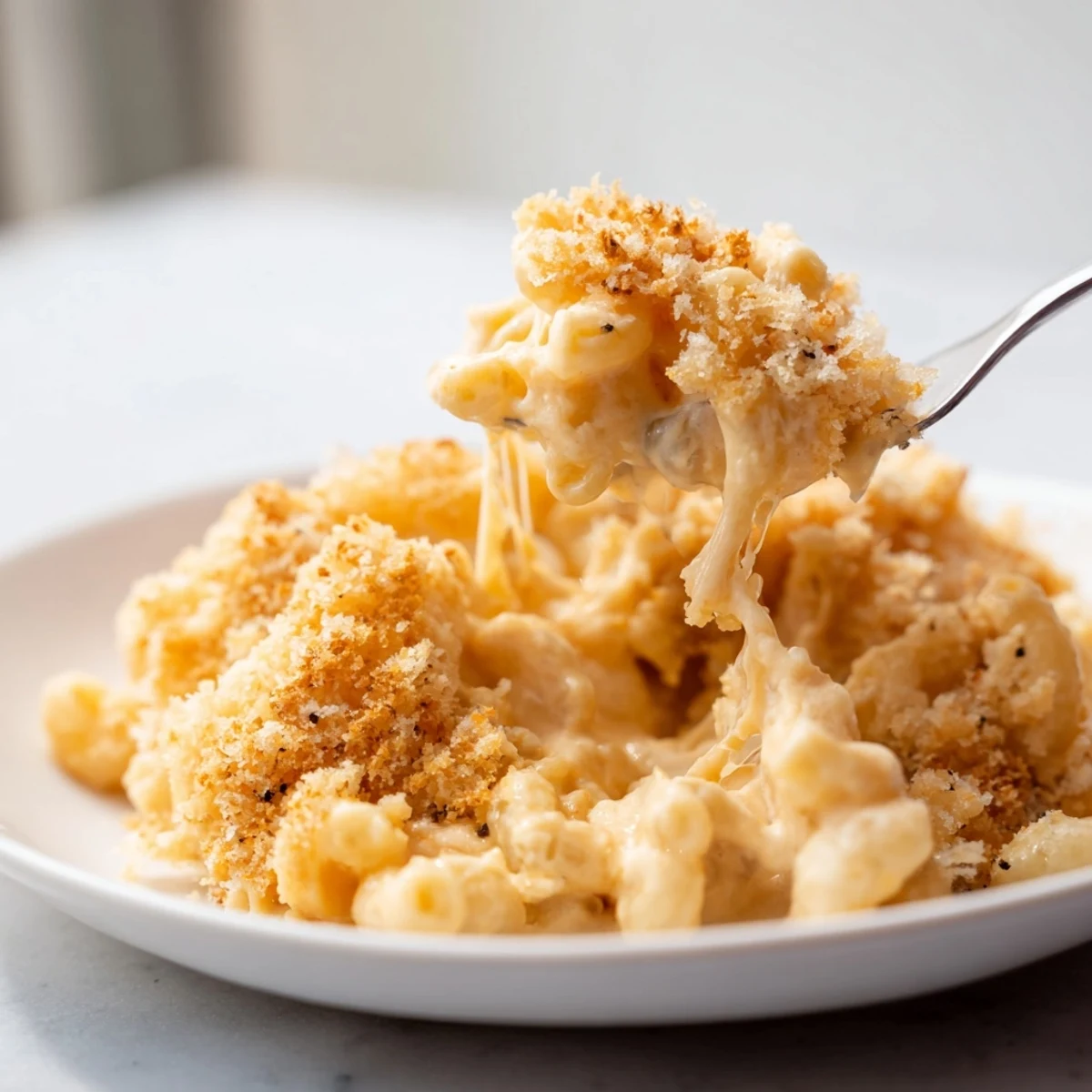 Creamy Mac And Cheese bubbling in a casserole, golden breadcrumb topping.