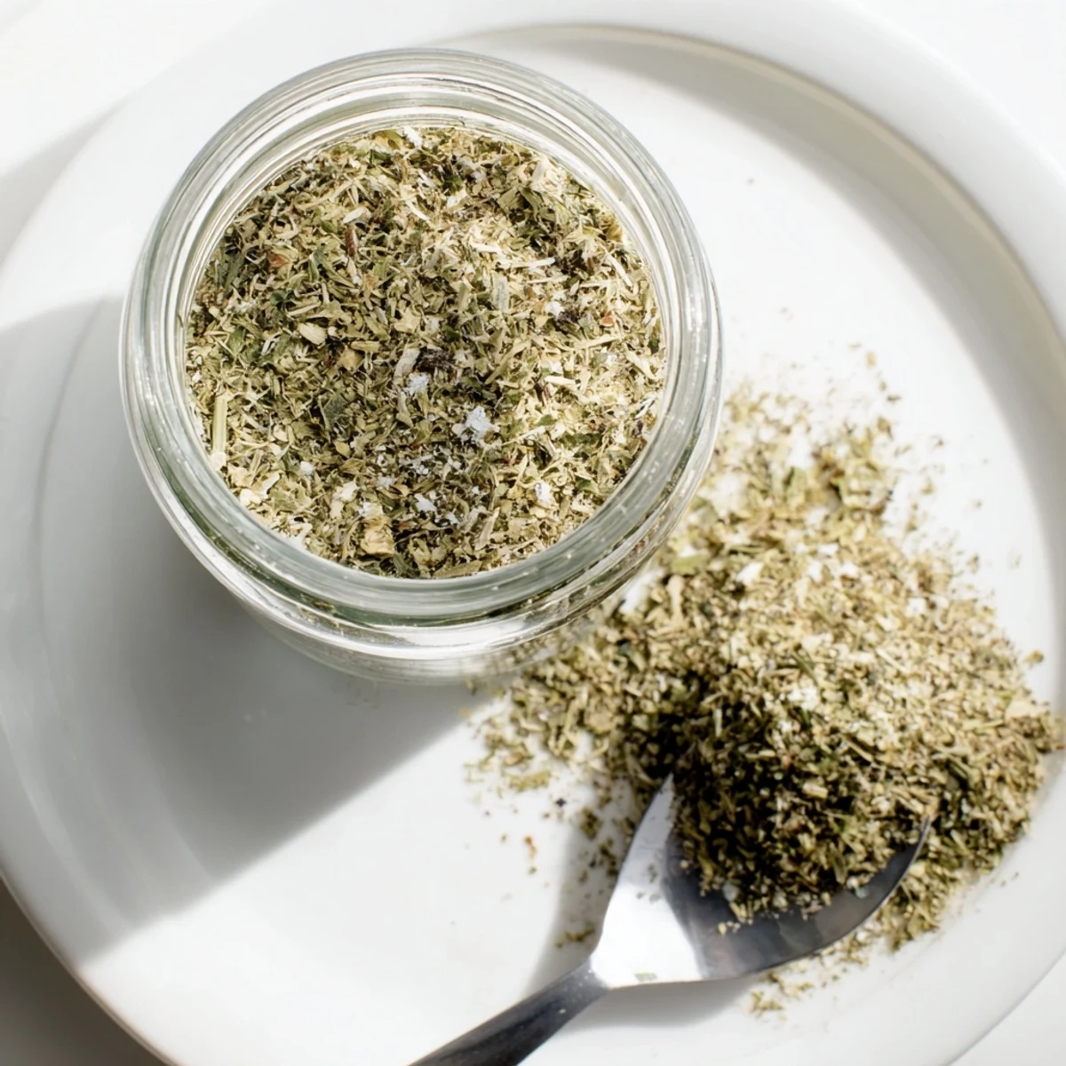 Fragrant Dehydrated Tzatziki Seasoning Mix blended with dried dill, mint, and garlic granules in a clear spice jar