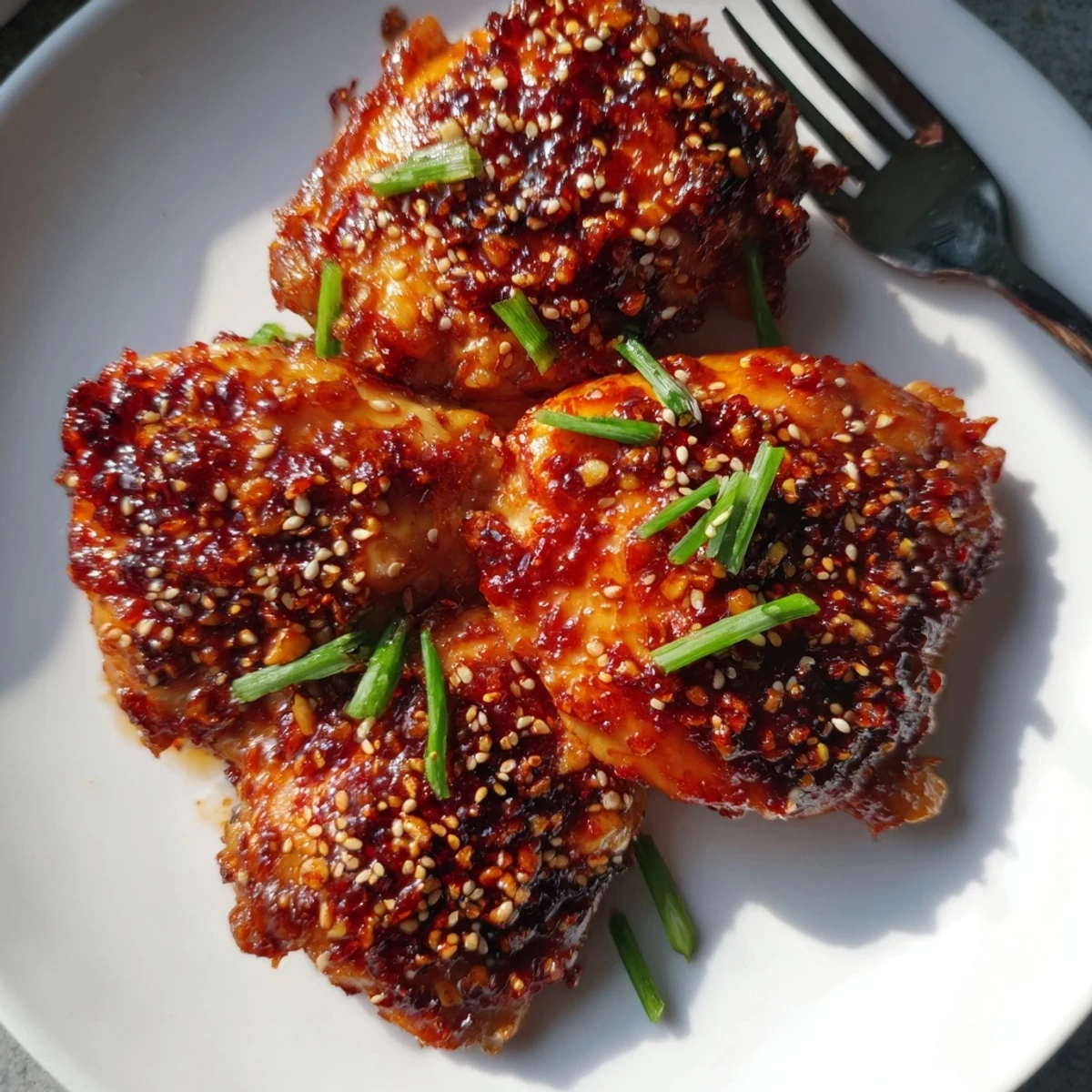 Crispy sweet chili air fryer chicken thighs glazed with sticky sauce on a white plate