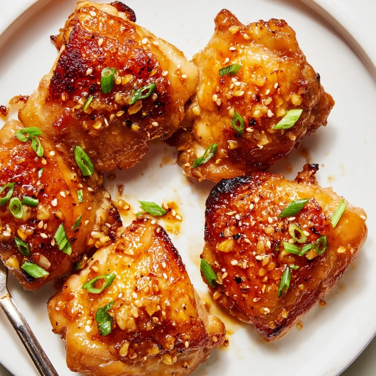 Juicy sweet chili air fryer chicken thighs with caramelized skin served over steamed jasmine rice