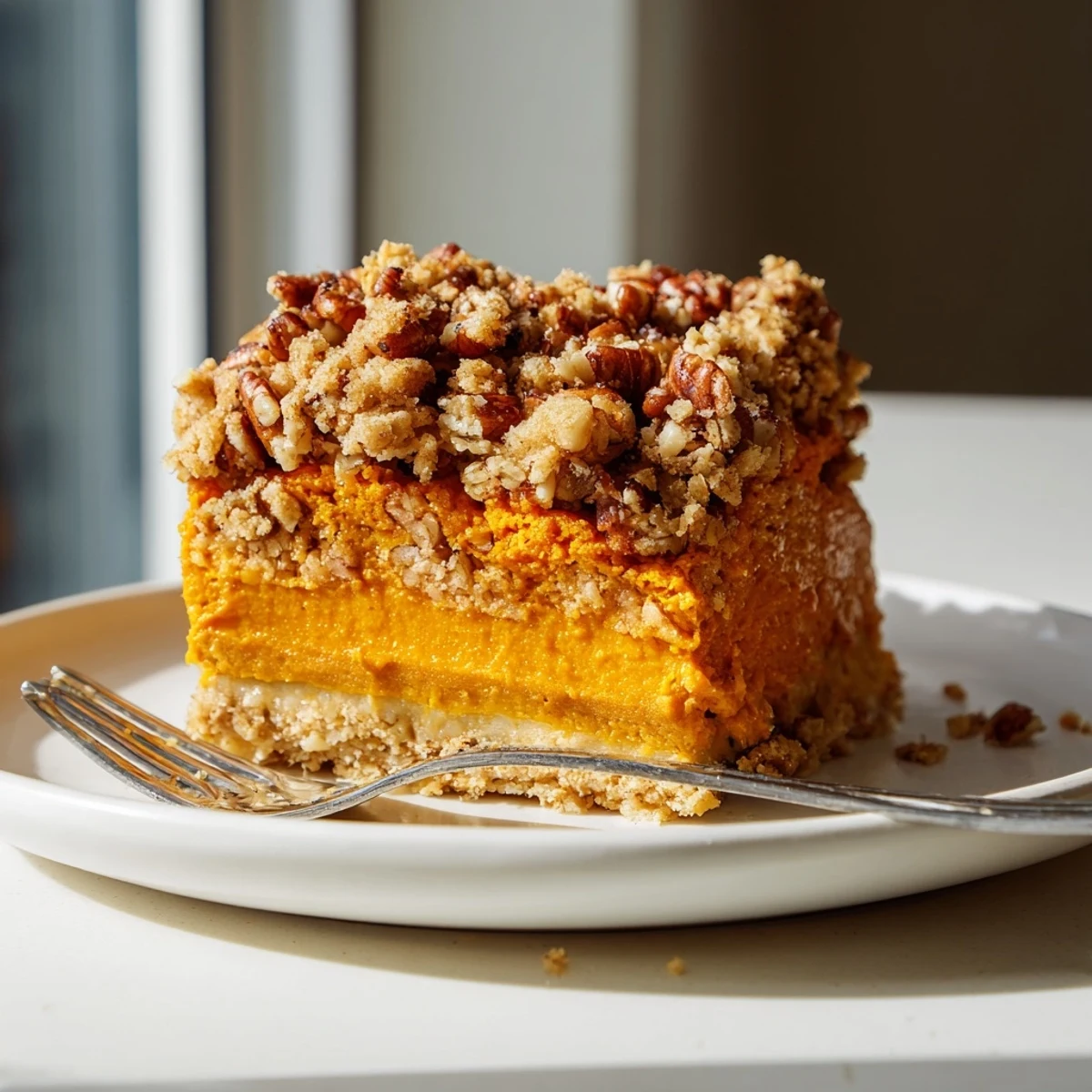 Creamy pumpkin pie crisp with golden oat pecan topping fresh from the oven