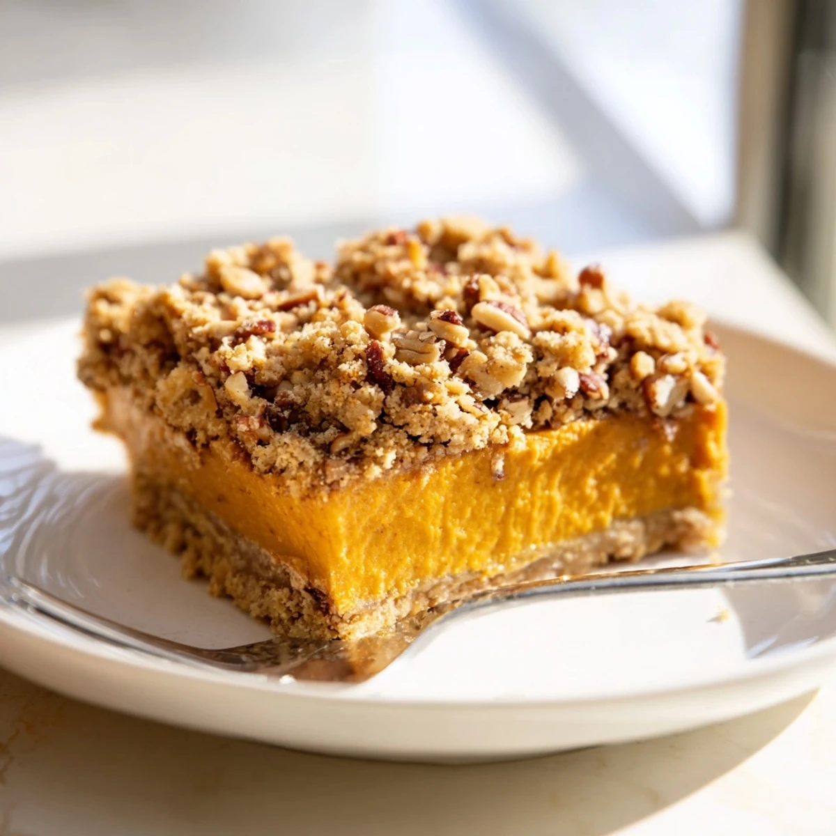 Golden crumbly pumpkin pie crisp in a baking dish with autumn spices