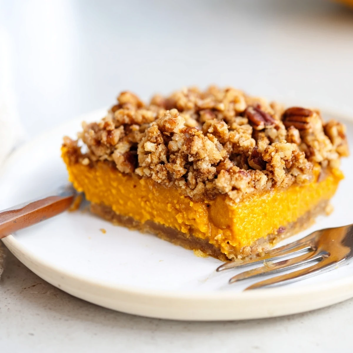 Warm spiced pumpkin pie crisp scooped into a bowl with whipped cream