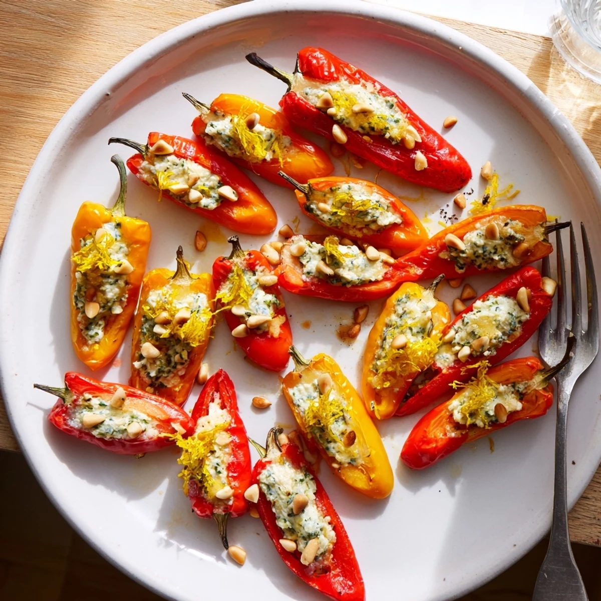 Golden roasted goat cheese stuffed mini peppers garnished with toasted pine nuts and lemon zest