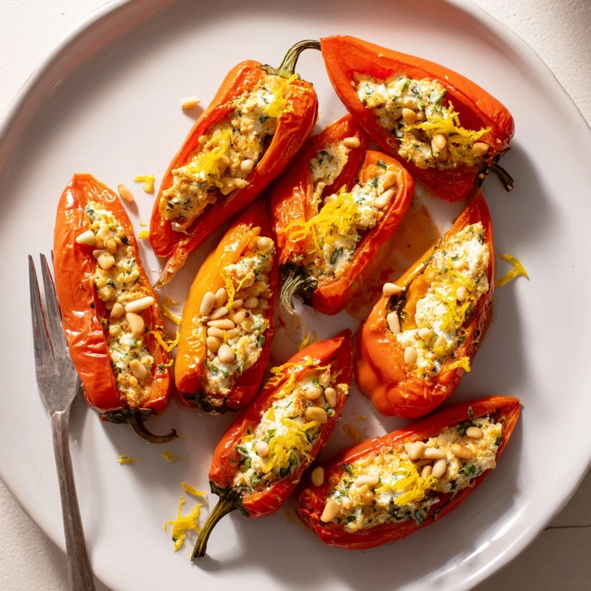 Blistered mini peppers oozing with warm goat cheese filling topped with fresh parsley and chives