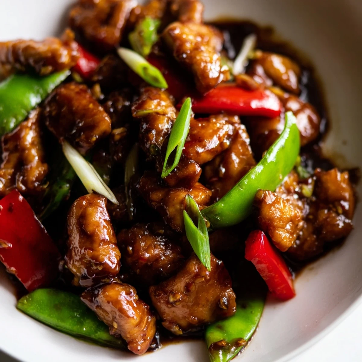Tender stir-fried Chinese garlic chicken glistening with savory sauce over fluffy white rice