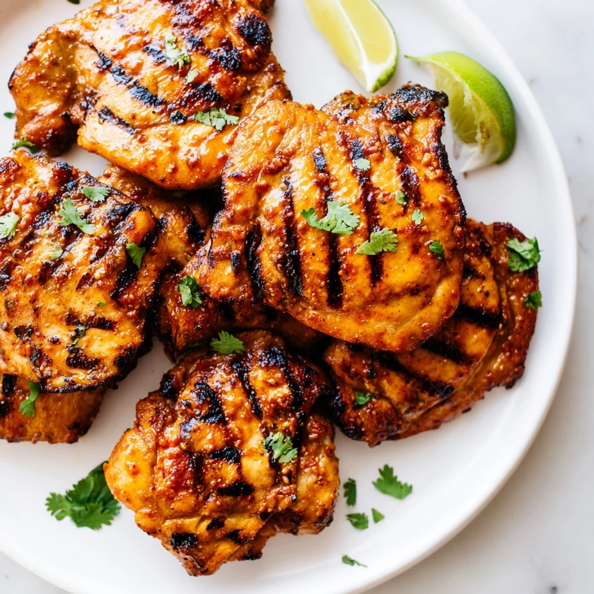 Charred sweet n spicy grilled chicken thighs with golden honey glaze and fresh cilantro garnish
