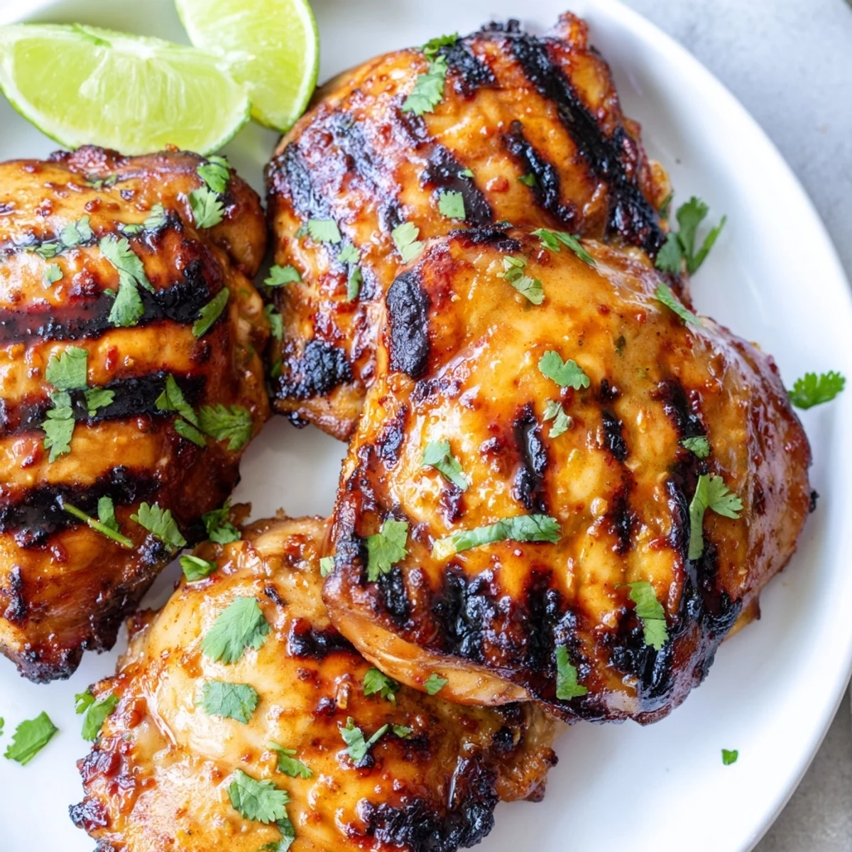 Juicy sweet n spicy grilled chicken thighs sizzling off the grill with caramelized edges