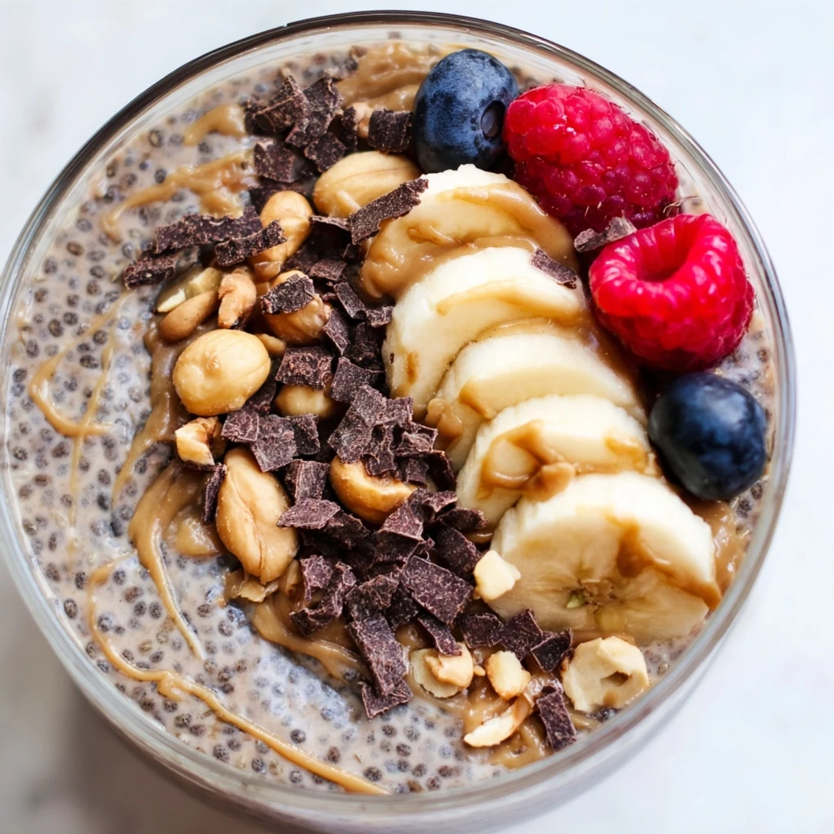 Creamy peanut butter chia pudding topped with sliced banana and chocolate chips