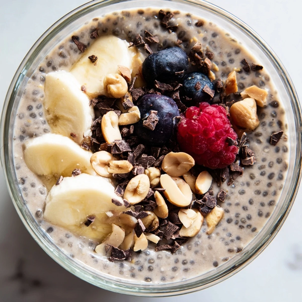 Thick peanut butter chia pudding served in a glass jar with berries