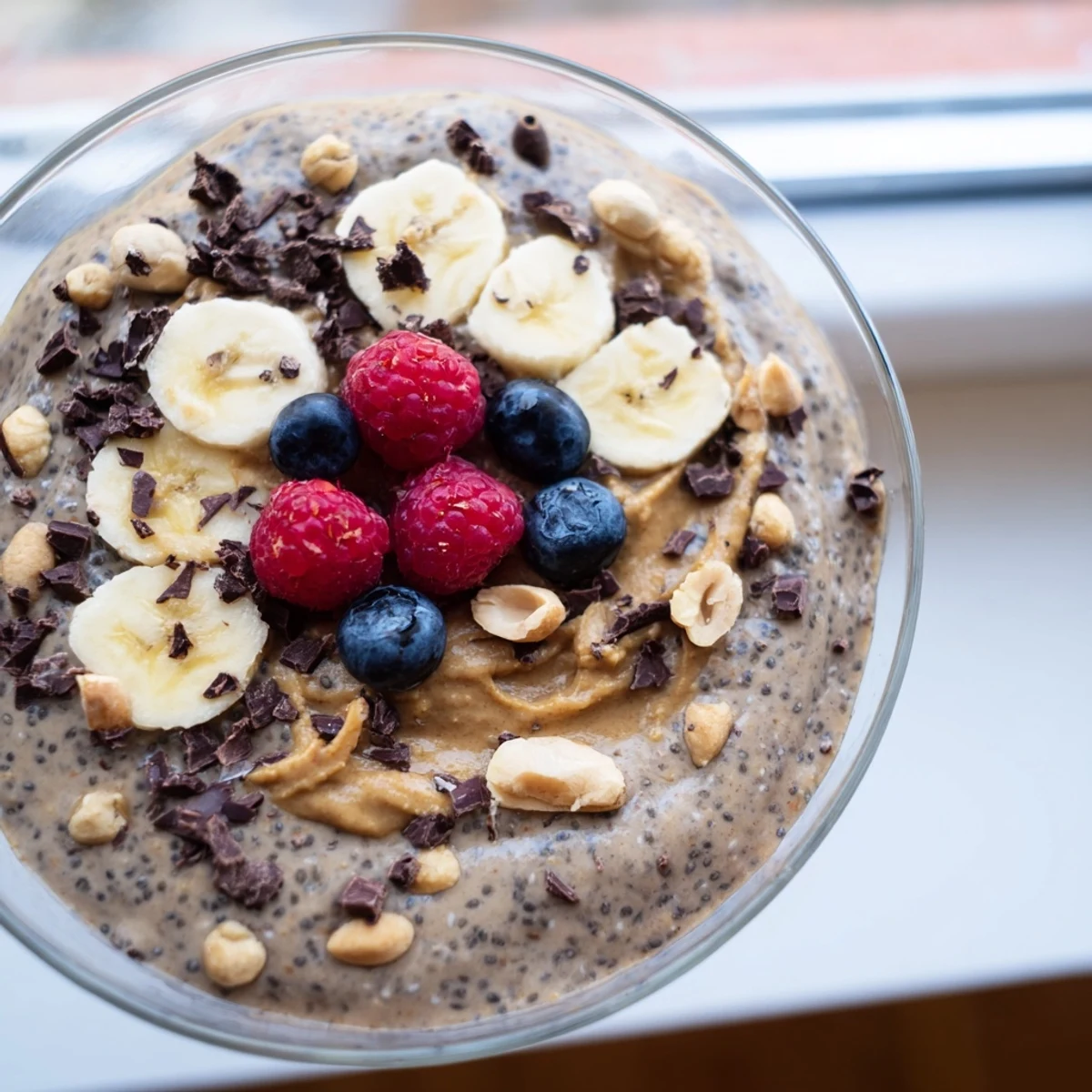 Velvety peanut butter chia pudding garnished with chopped peanuts and fresh fruit