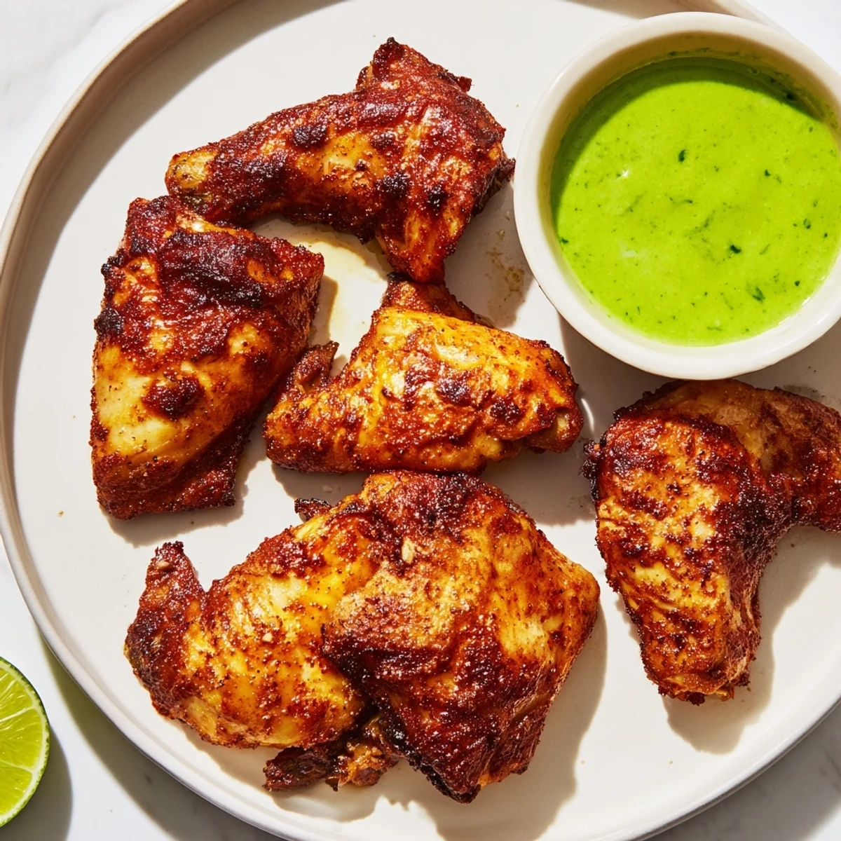 Golden Peruvian chicken delight with crispy skin served alongside bright cilantro green sauce