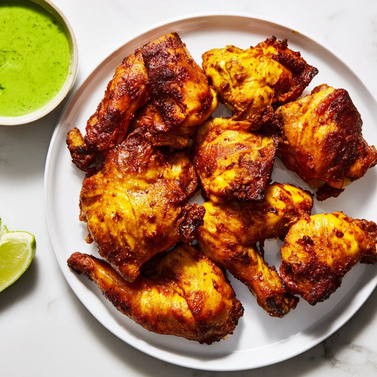 Juicy sliced Peruvian chicken delight on a platter drizzled with spicy creamy aji verde