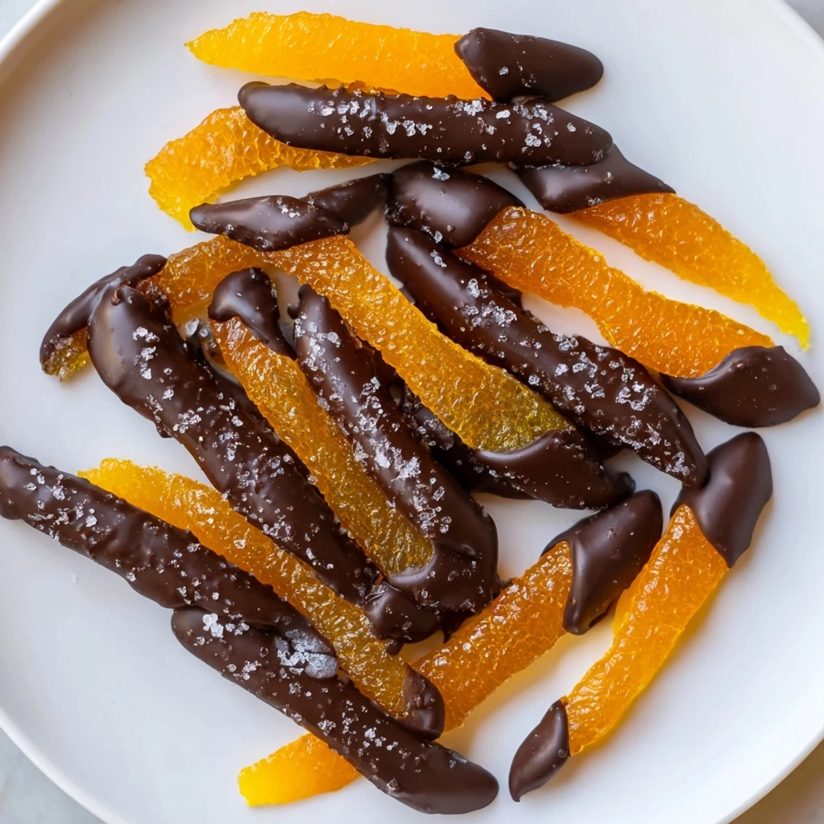 Chocolate covered orange peels showcase glossy dark coating over bright translucent strips