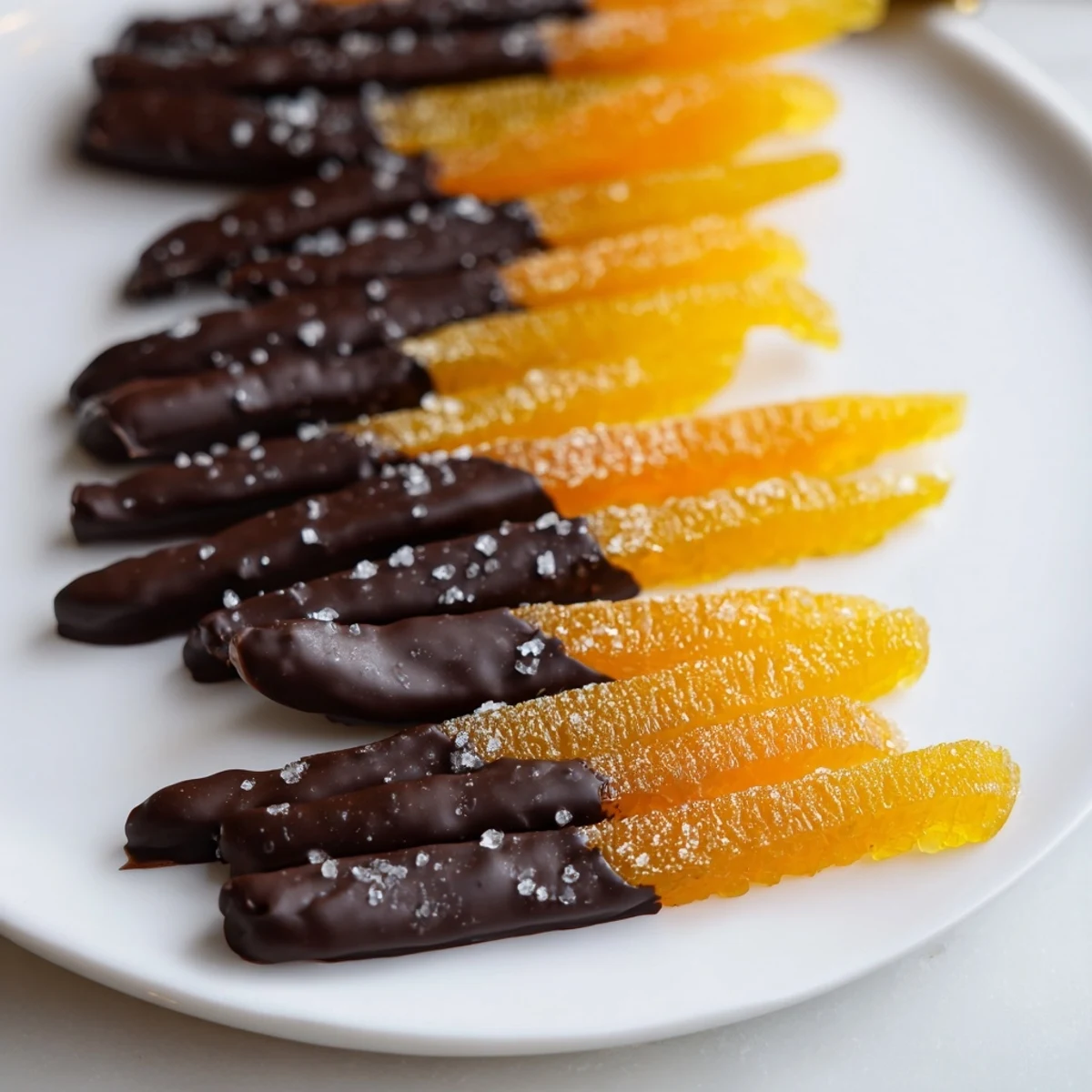 Glistening candied orange peels half-dipped in dark chocolate rest on parchment paper