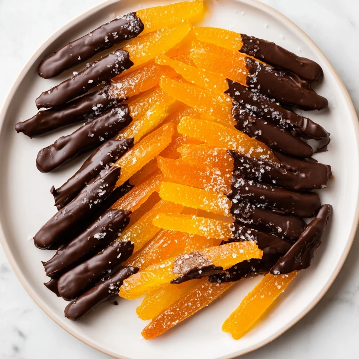 Golden candied citrus strips coated in rich dark chocolate topped with sea salt