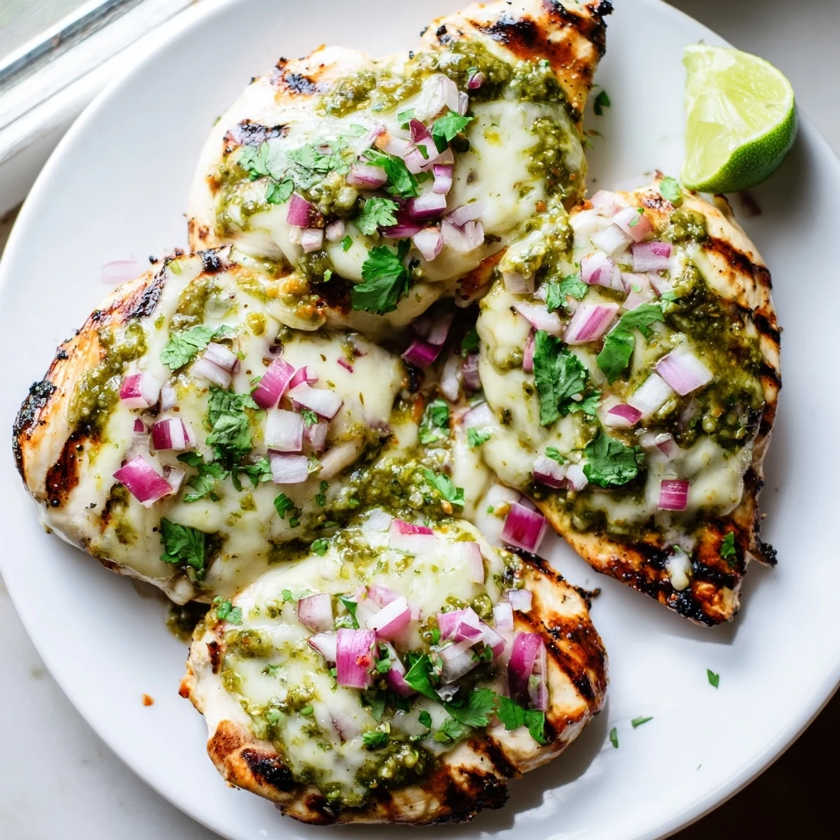 Cheesy Grilled Salsa Verde Pepper Jack Chicken topped with melted cheese and fresh cilantro on a smoky grill