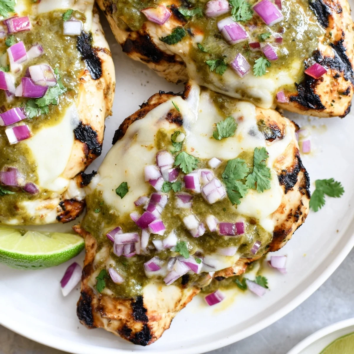 Golden grilled chicken breast smothered in tangy salsa verde with bubbling Pepper Jack cheese and diced red onion