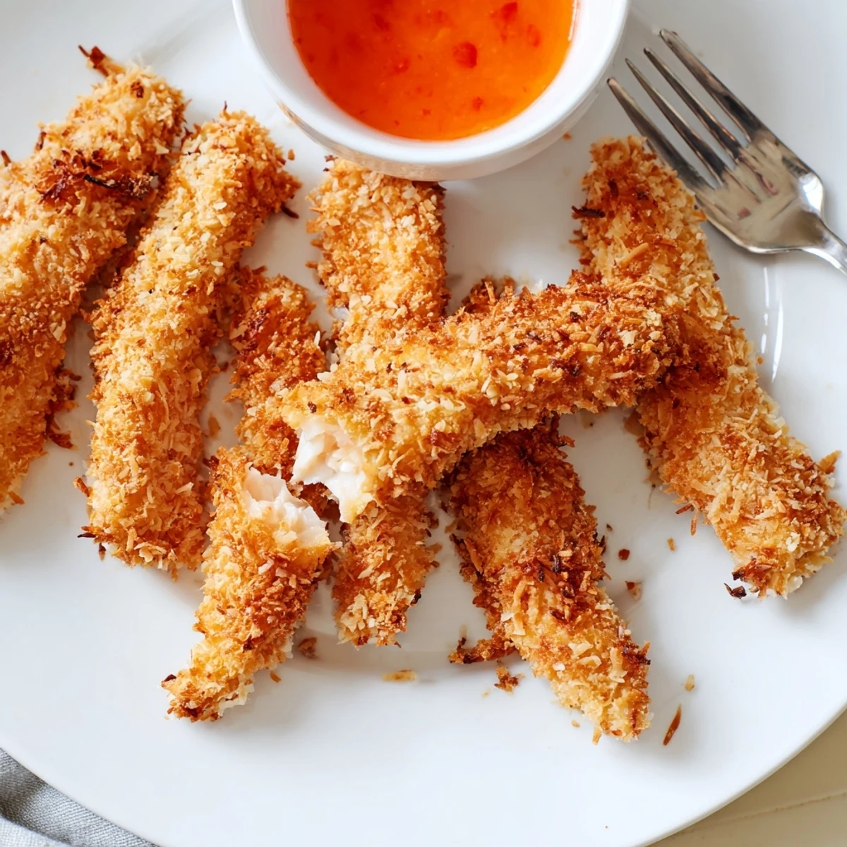 Golden crunchy coconut chicken strips served hot with sweet chili dipping sauce