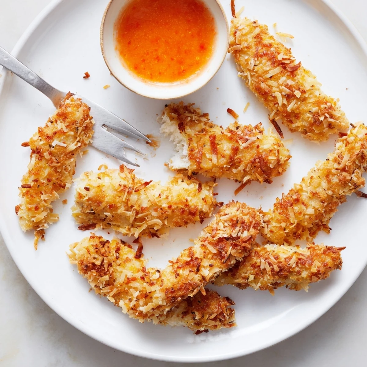 Crunchy coconut chicken arranged on a platter alongside mango chutney for dipping