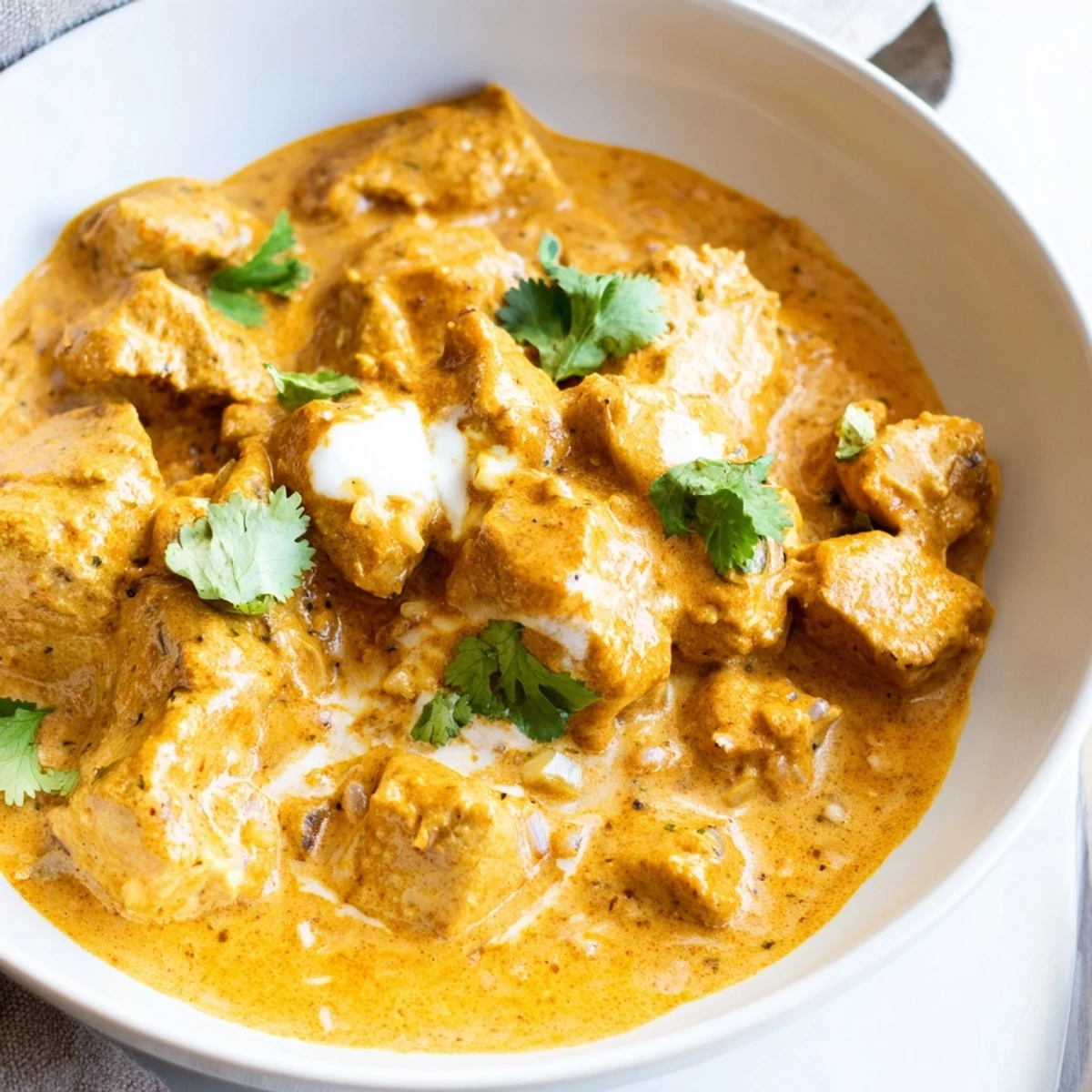 Crockpot Butter Chicken in a rich golden tomato cream sauce with fragrant spices