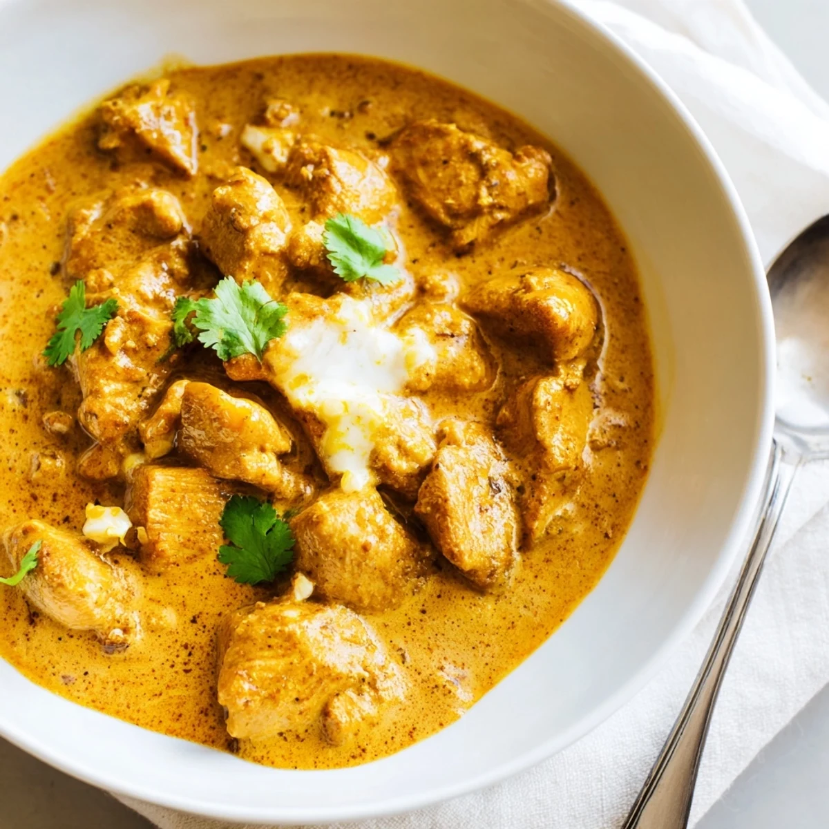 Crockpot Butter Chicken garnished with fresh cilantro ladled into a rustic bowl