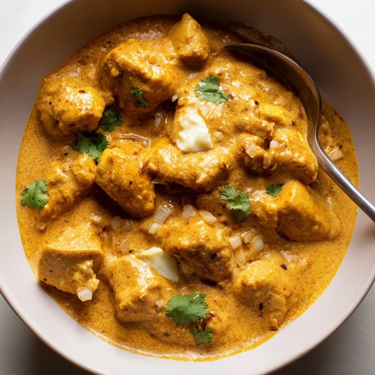 Tender Crockpot Butter Chicken simmered in creamy aromatic curry served over fluffy basmati rice