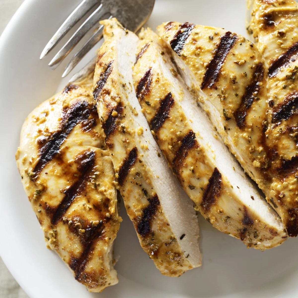 Juicy Mayo Marinated Grilled Chicken with golden char marks on a rustic plate