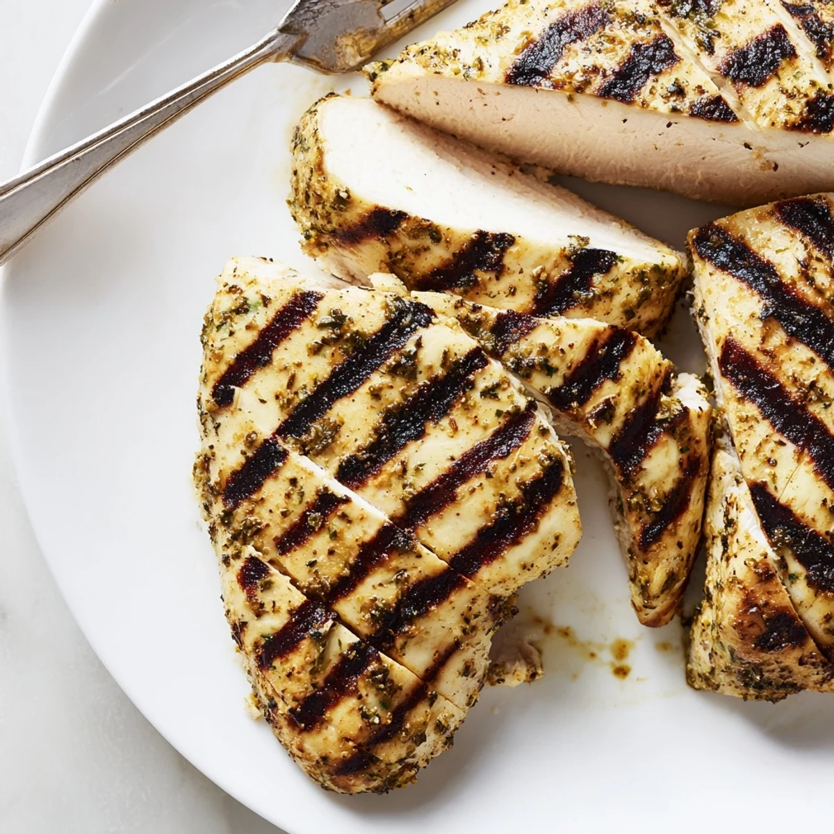 Creamy herb-coated Mayo Marinated Grilled Chicken sliced open showing tender moist meat