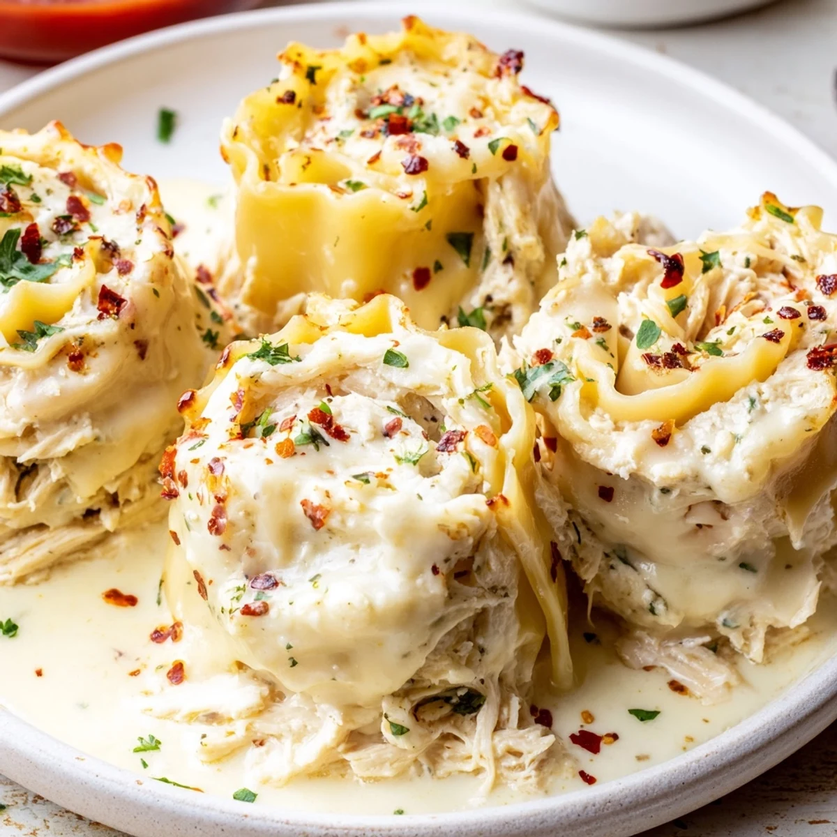 Garlic Parmesan chicken lasagna roll ups bubbling with golden melted mozzarella on top