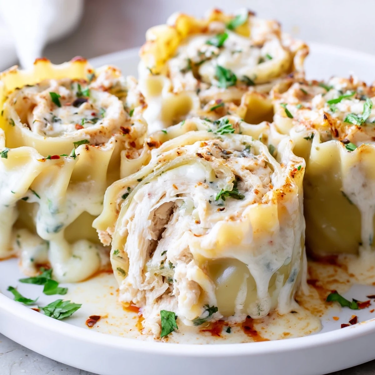 Creamy garlic Parmesan chicken lasagna roll ups resting in a rustic baking dish