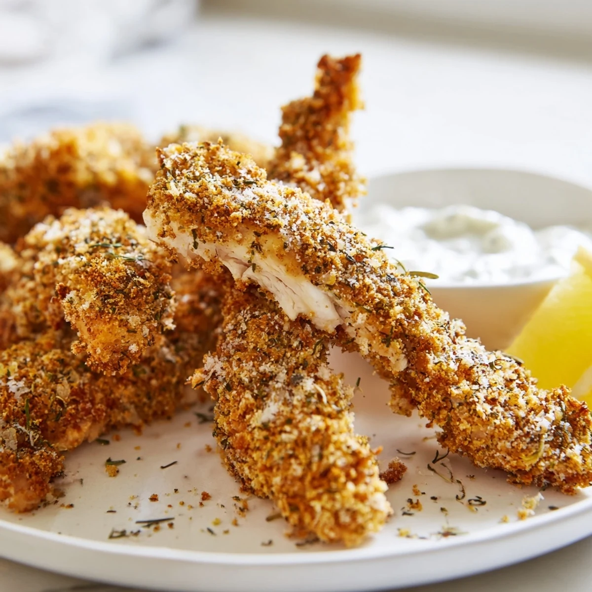 Golden crispy Greek chicken strips with herbs served alongside fresh lemon wedges and tzatziki dip