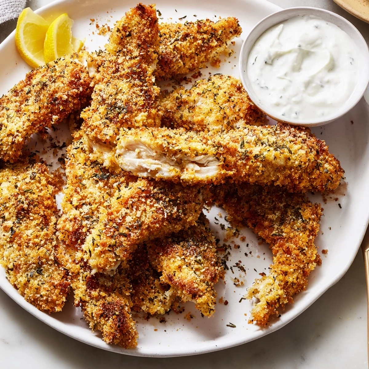 Close-up of Mediterranean herb marinated crispy Greek chicken strips with a crunchy golden Parmesan crust
