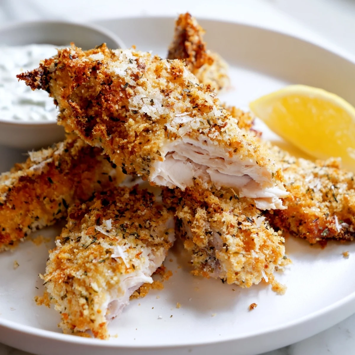 Crispy Greek chicken strips arranged on a platter with fresh Mediterranean herbs and warm pita bread