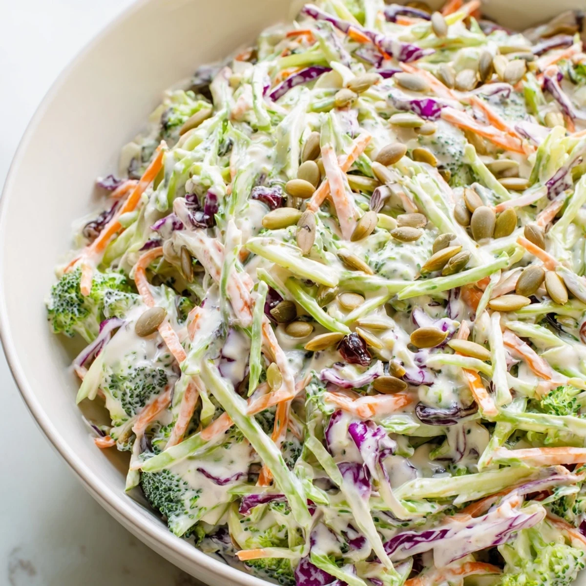 Creamy broccoli slaw with shredded carrots and cranberries in a white serving bowl