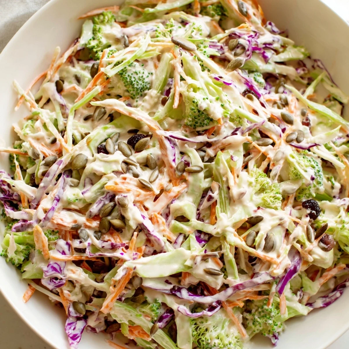 Bright and crunchy broccoli slaw tossed in tangy dressing topped with sunflower seeds